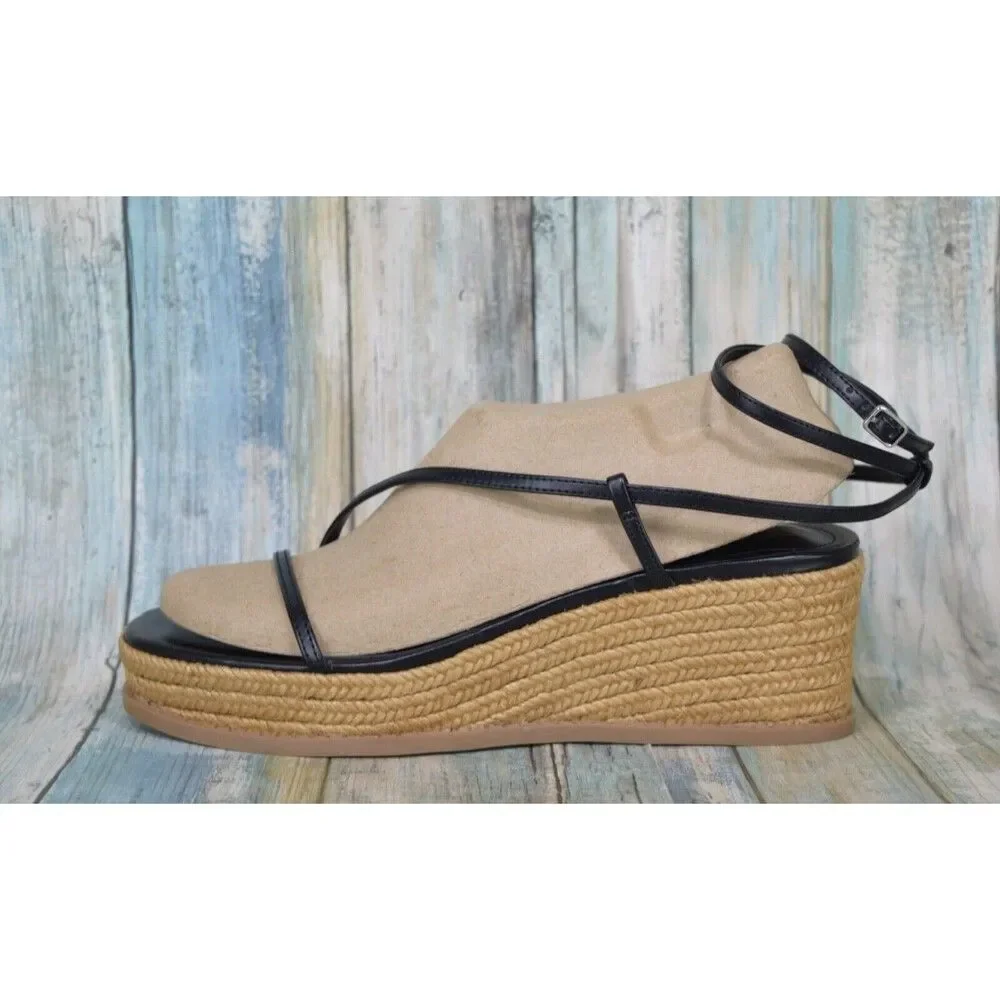 Nine West Alexx Wedge Sandals Size 9 Black Espadrille Ankle Strap Wedges